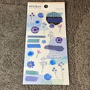 Blue Floral Sticker Collection Sheet Washi Gingham Scrapbook Journaling Japan
